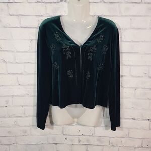 Vintage Green Velvet Beaded Cardigan, Sz 14P